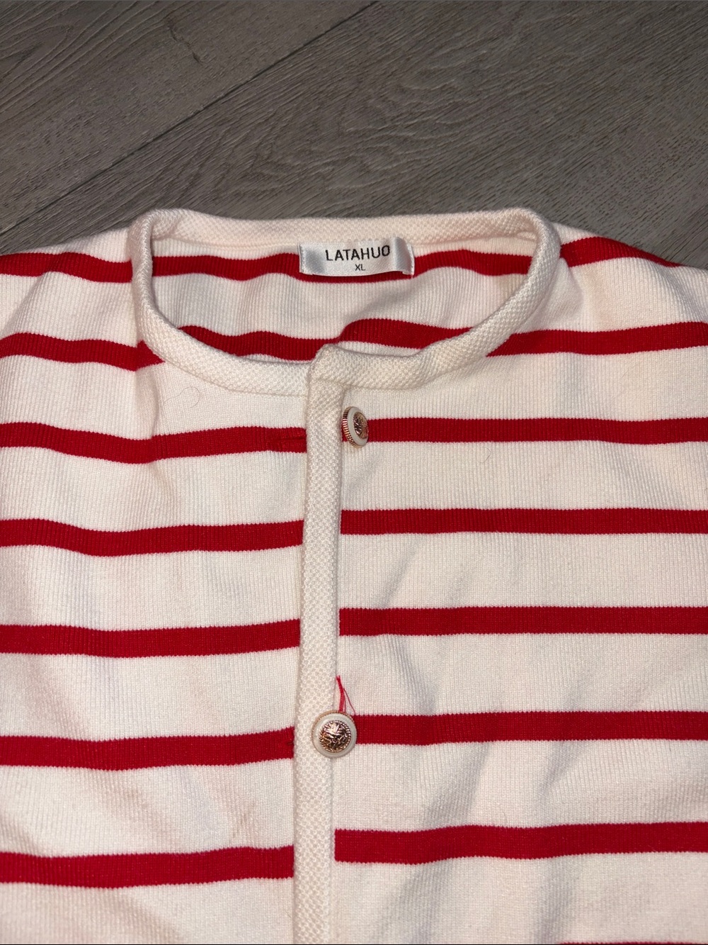 Latahuo Red & Ivory Striped Button Cardigan vintage size XL - Picture 2 of 6